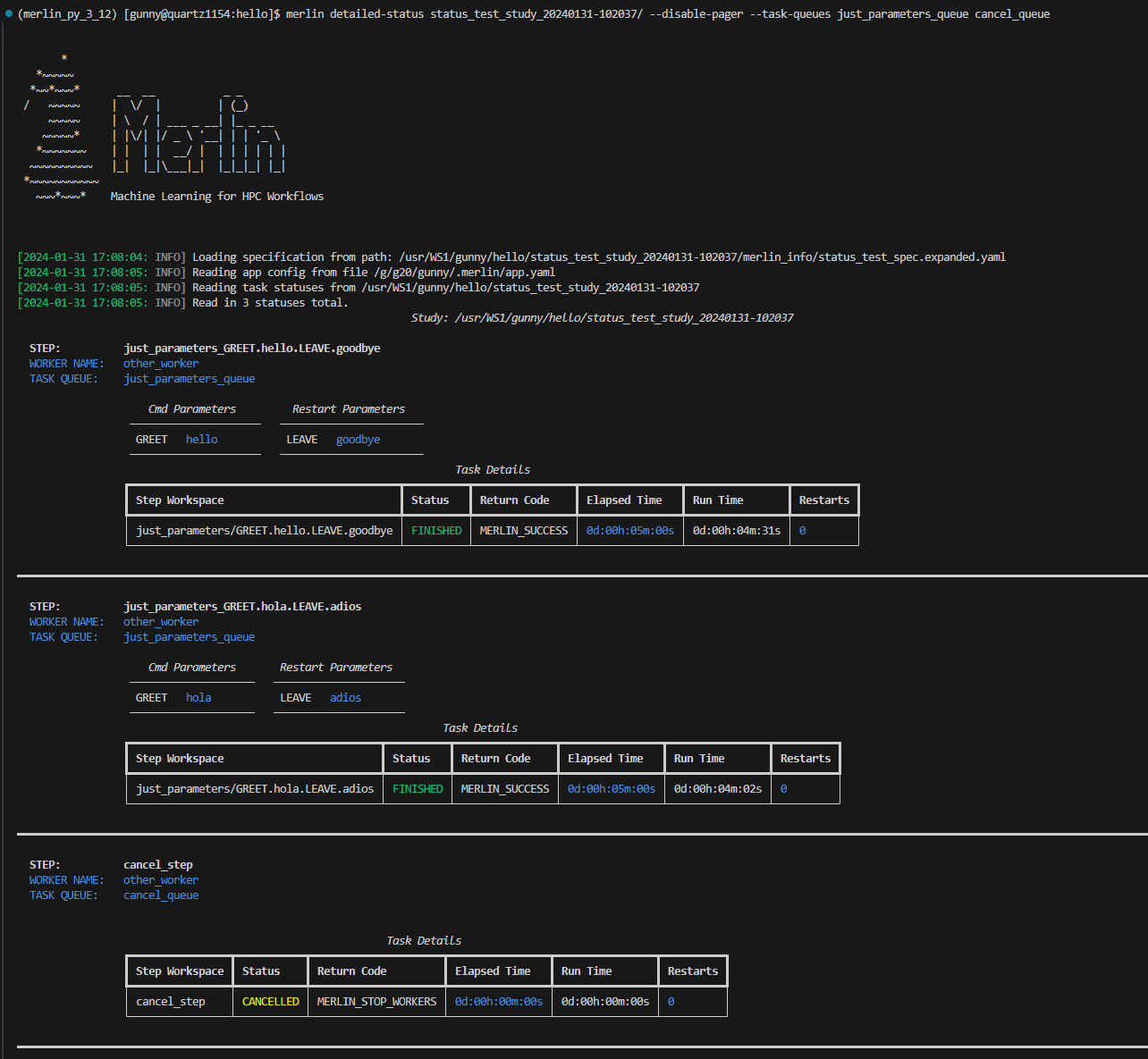 The output of detailed-status with the task-queues filter